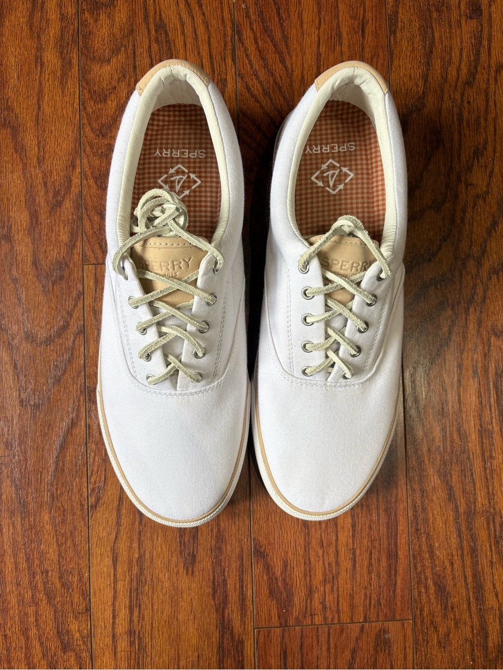 Sperry Men's White Canvas Boat Shoes with Tan Accents